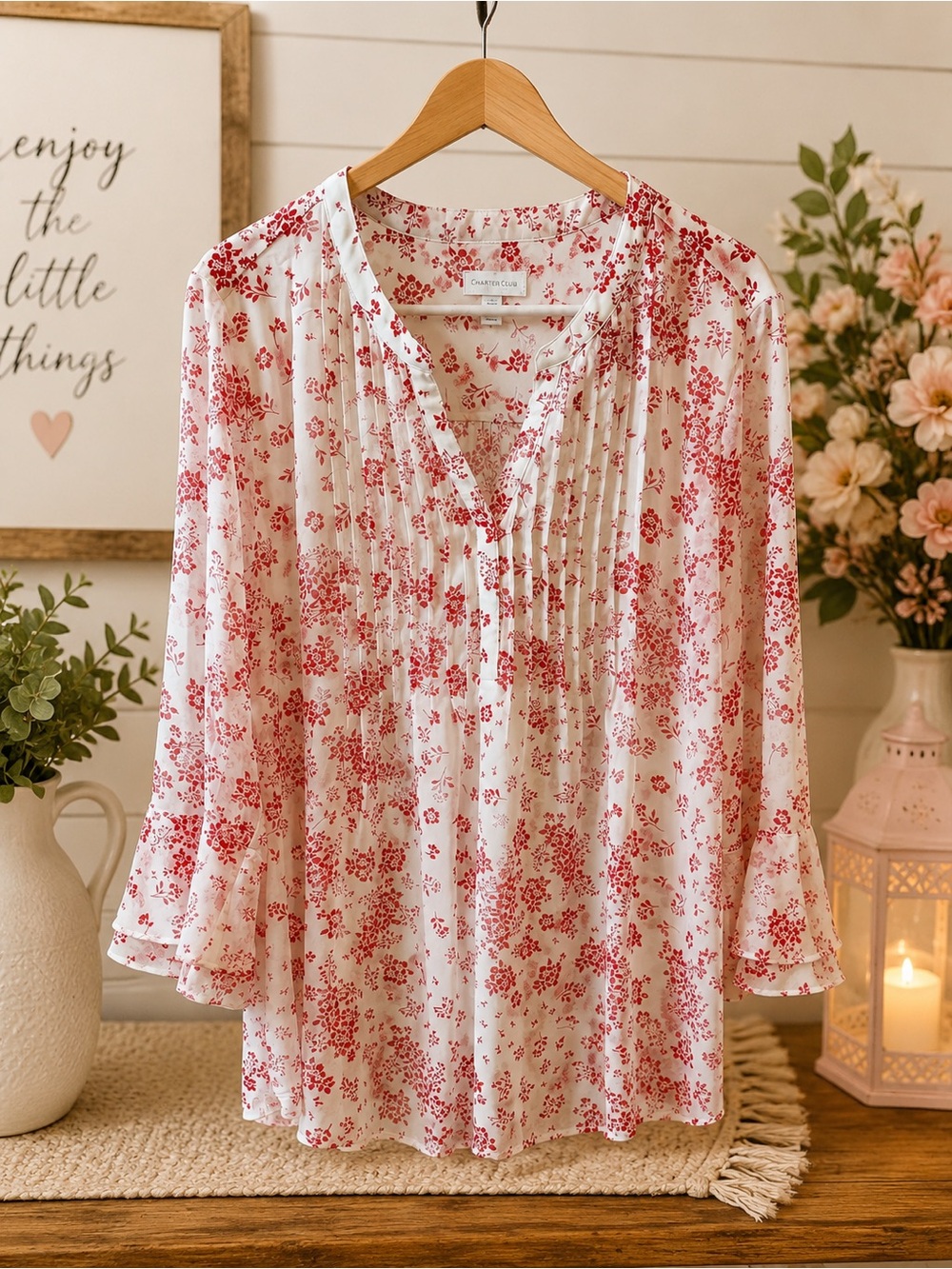 Charter Club Red Floral Blouse NWOT Large